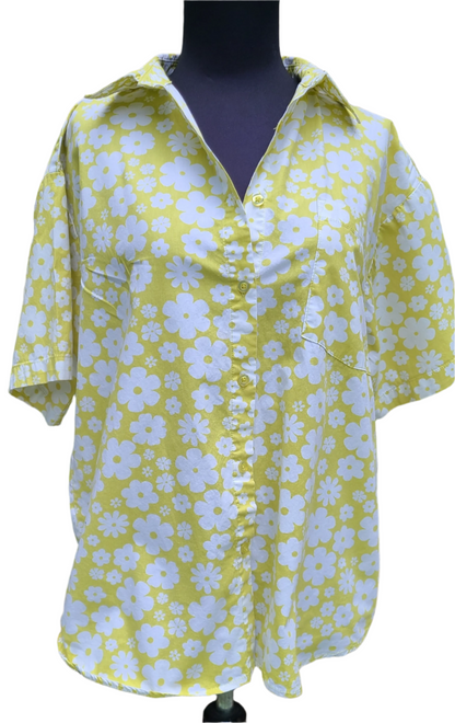 Short Sleeve Flower Power Cotton Blouse | Size Large