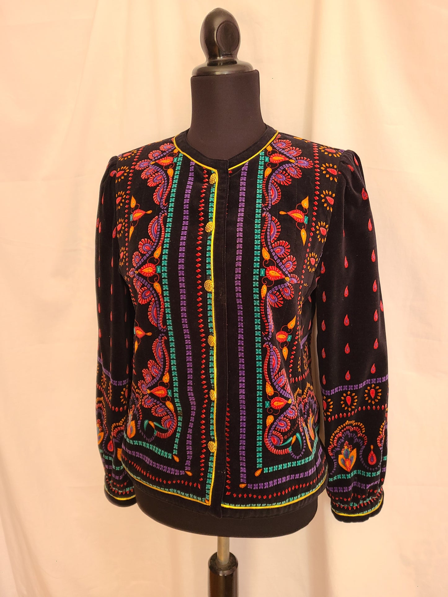 Vintage Saxton Hall Black Velvet Print Jacket | Size 8