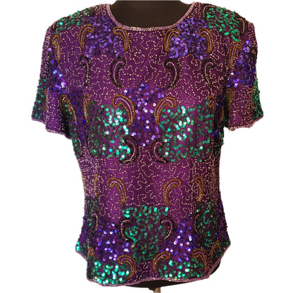 Vintage Scala Brand Purple and Green Sequin and Beaded Blouse | Size M