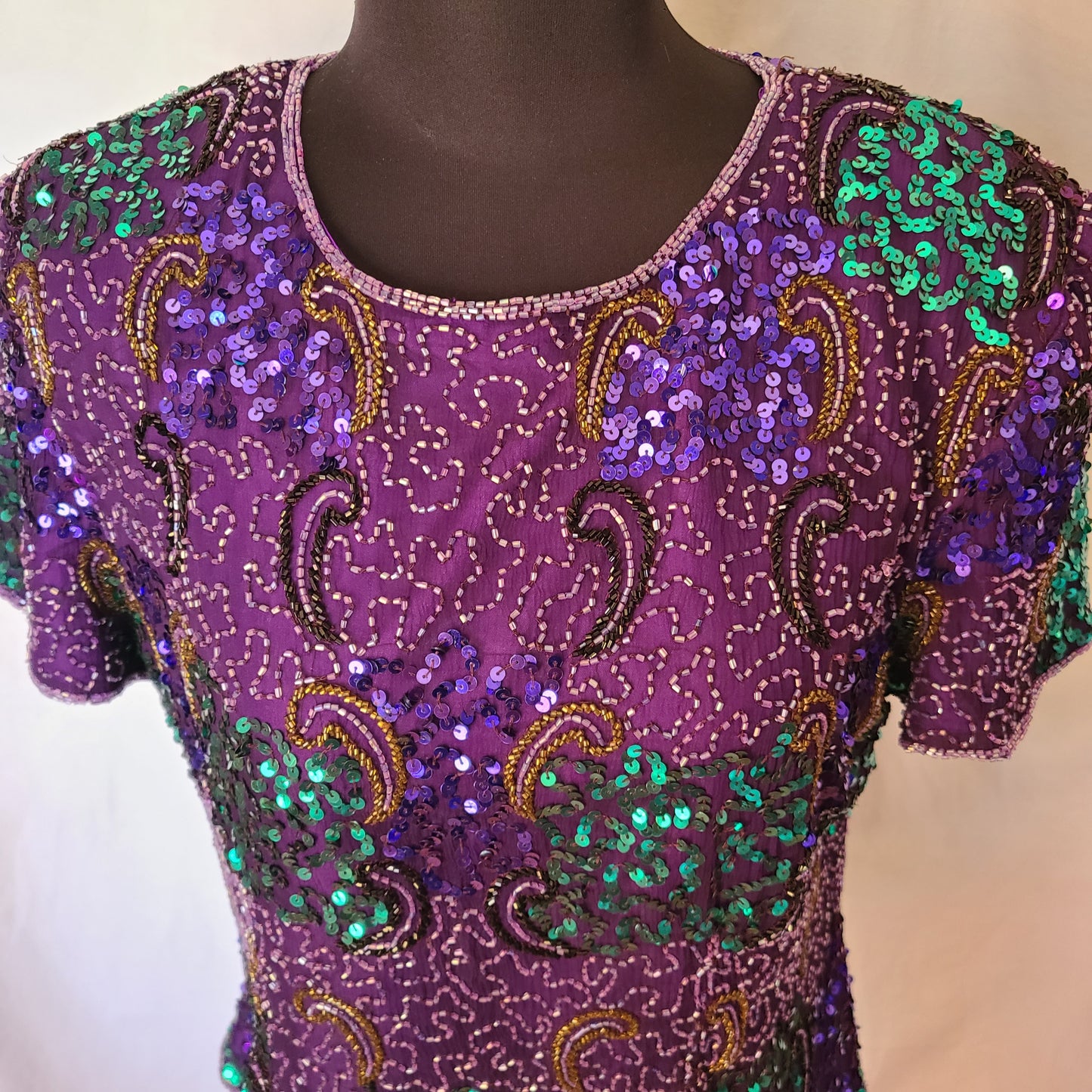 Vintage Scala Brand Purple and Green Sequin and Beaded Blouse | Size M