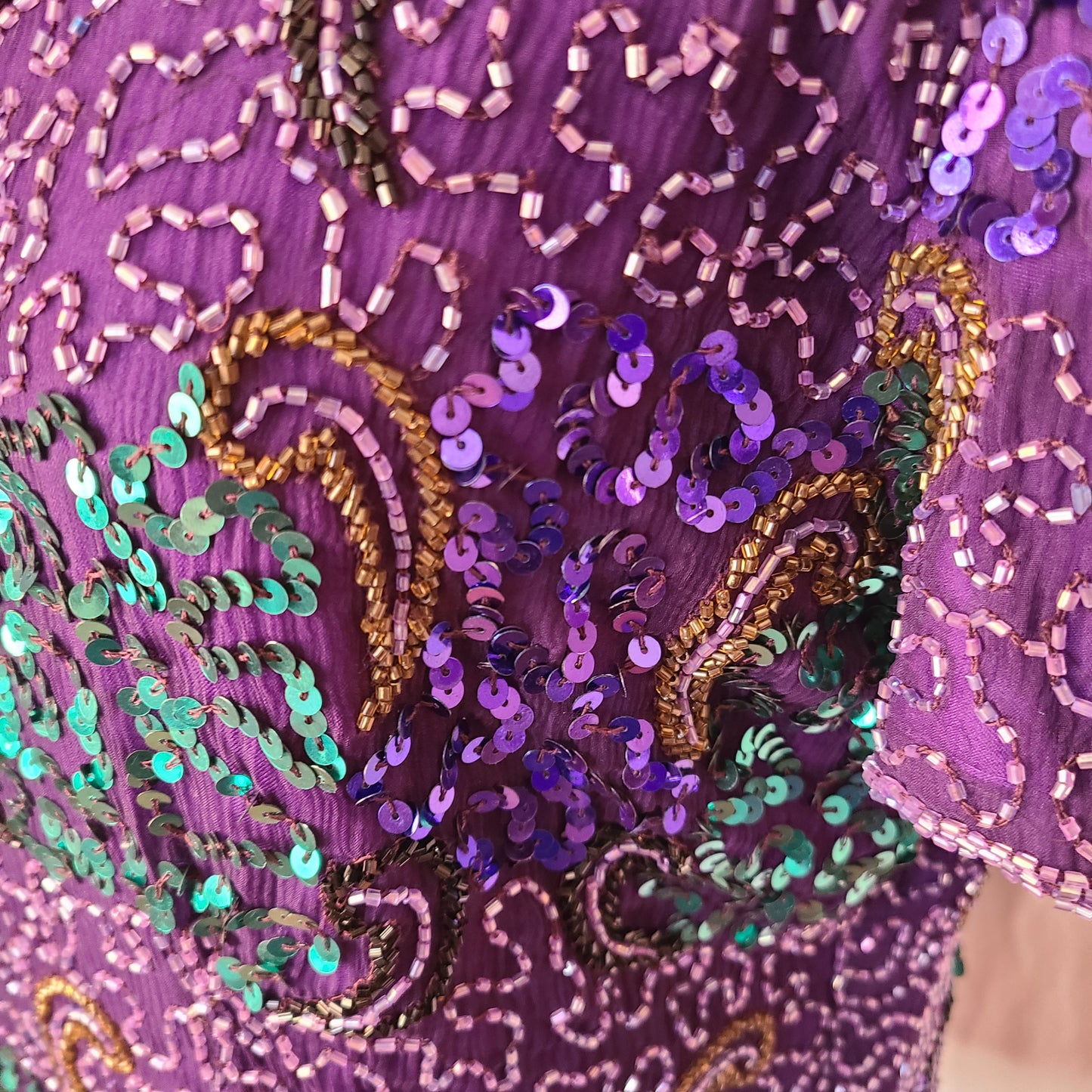 Vintage Scala Brand Purple and Green Sequin and Beaded Blouse | Size M