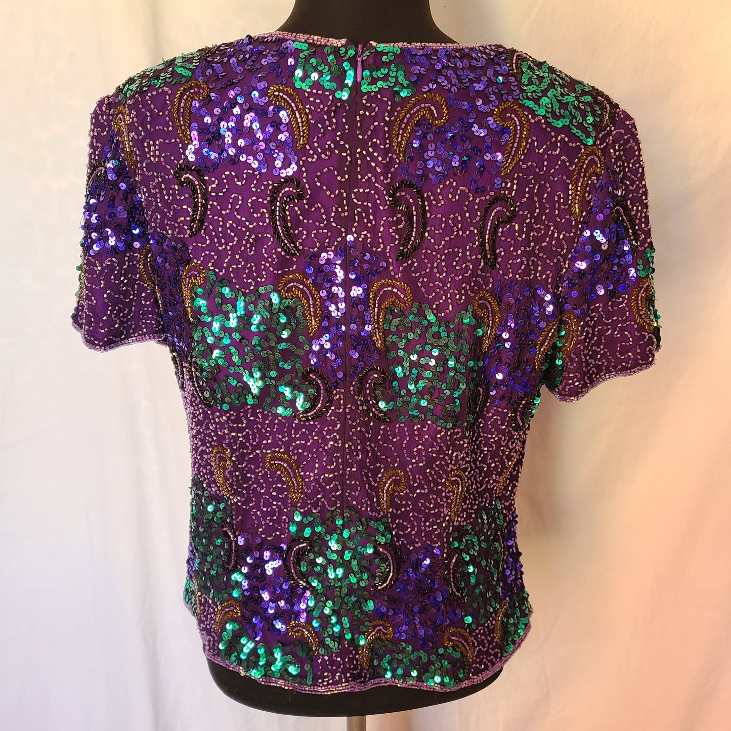 Vintage Scala Brand Purple and Green Sequin and Beaded Blouse | Size M