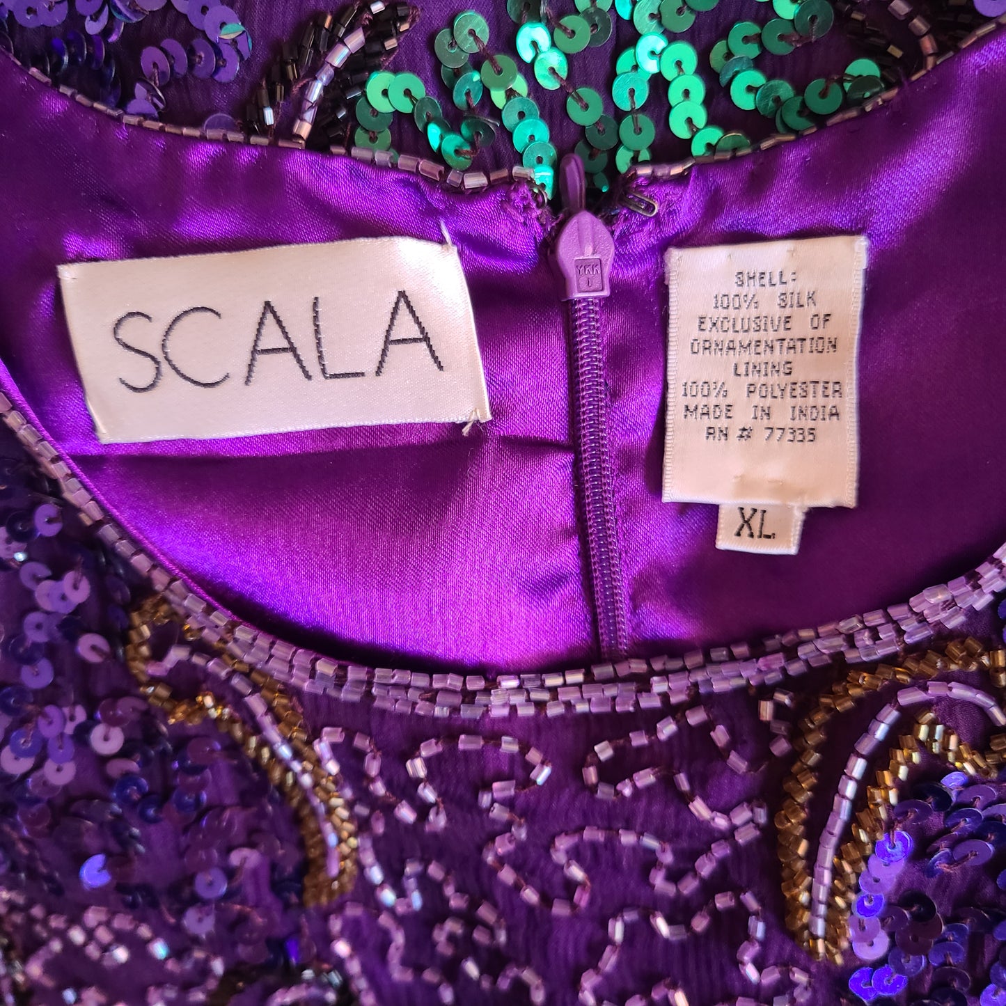 Vintage Scala Brand Purple and Green Sequin and Beaded Blouse | Size M