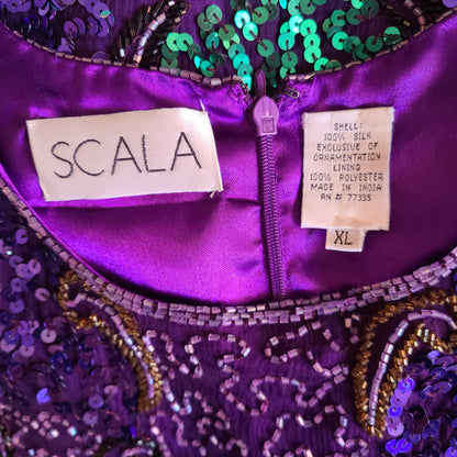Vintage Scala Brand Purple and Green Sequin and Beaded Blouse | Size M