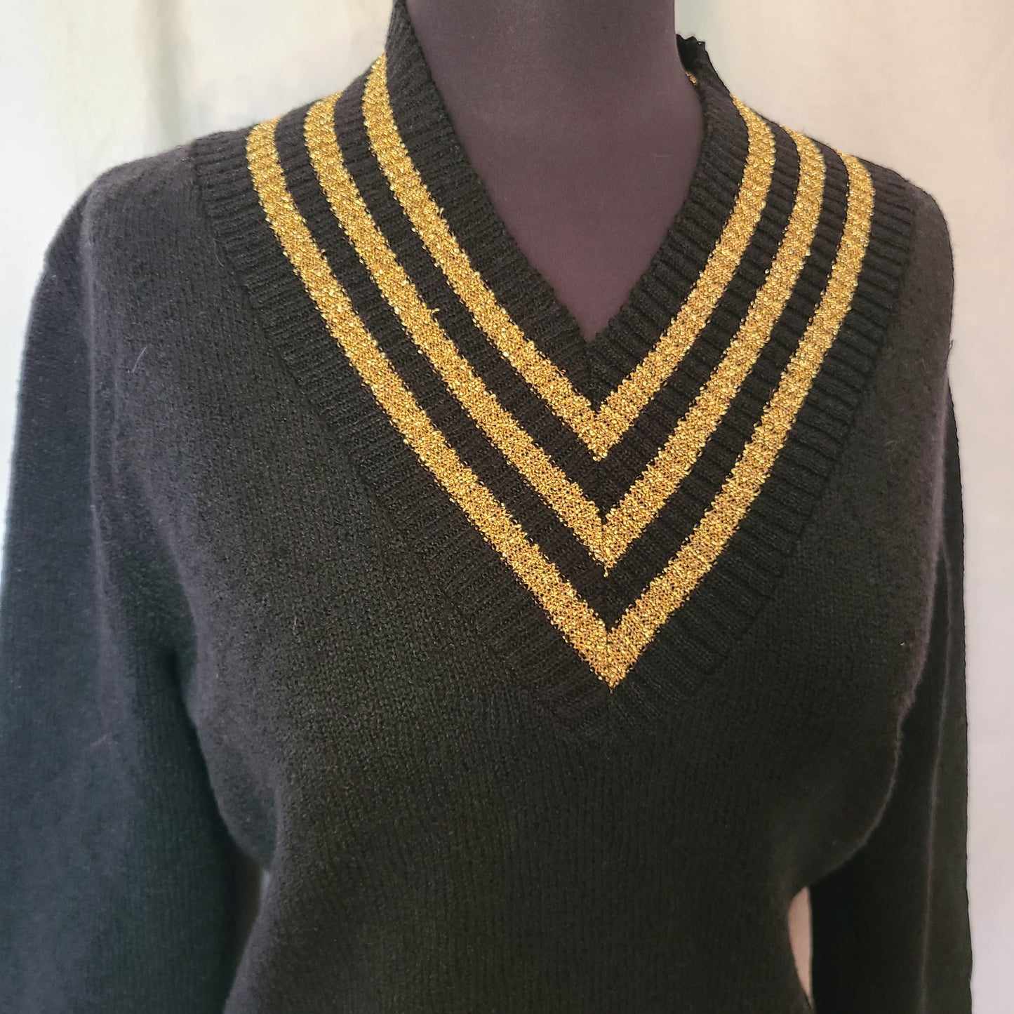 Vintage Black Knit V-Neck Sweater with Gold Lurex Trim | Size Small