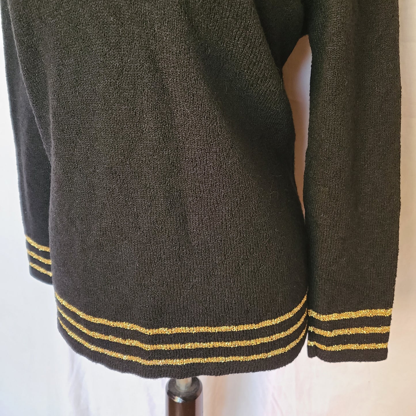 Vintage Black Knit V-Neck Sweater with Gold Lurex Trim | Size Small