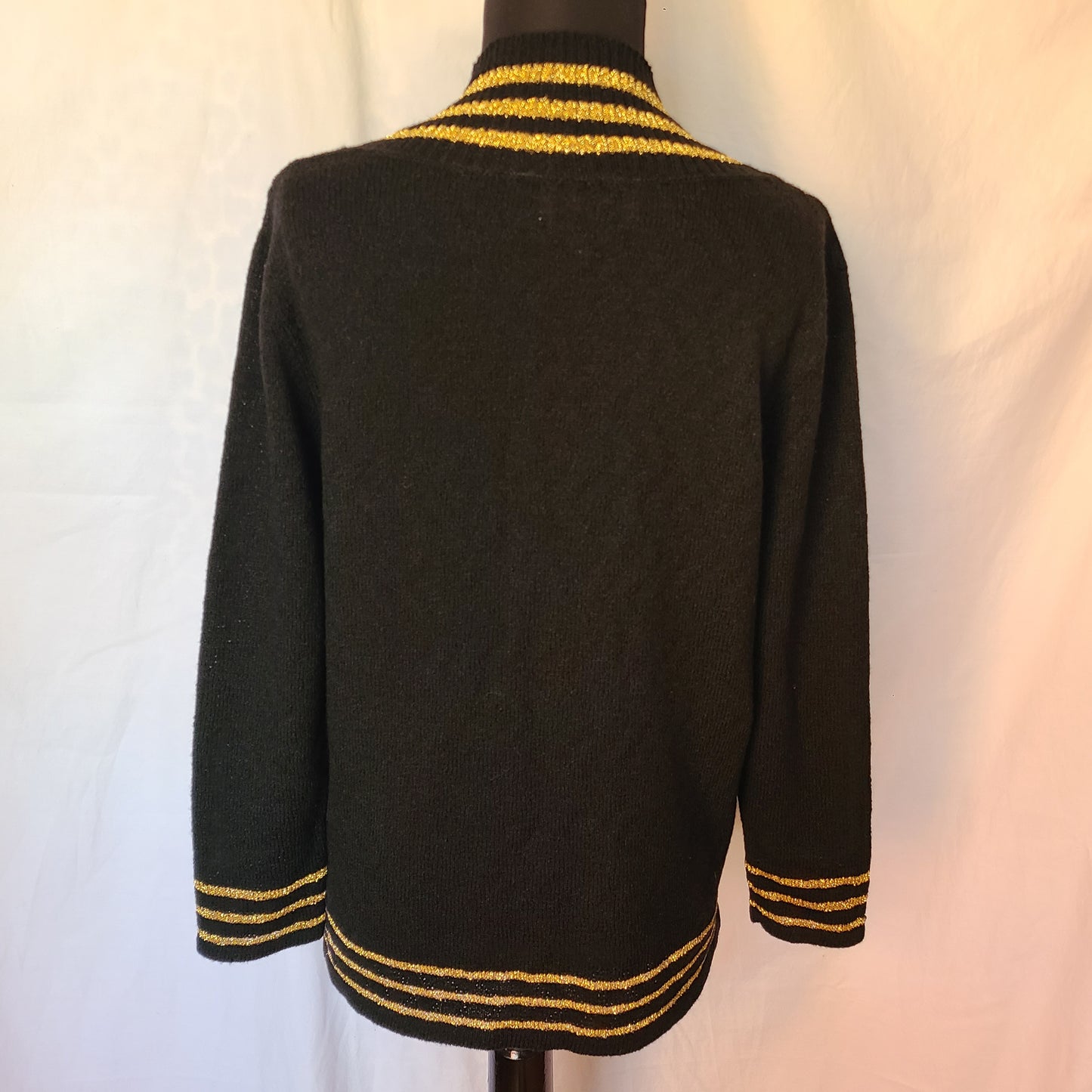 Vintage Black Knit V-Neck Sweater with Gold Lurex Trim | Size Small