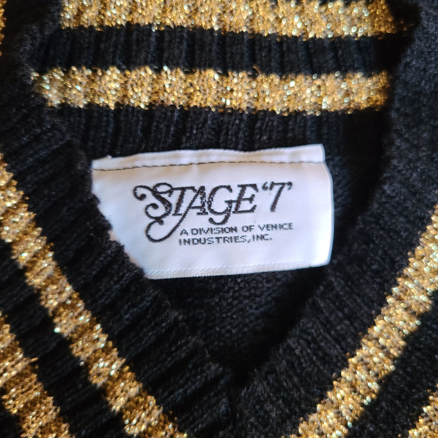 Vintage Black Knit V-Neck Sweater with Gold Lurex Trim | Size Small