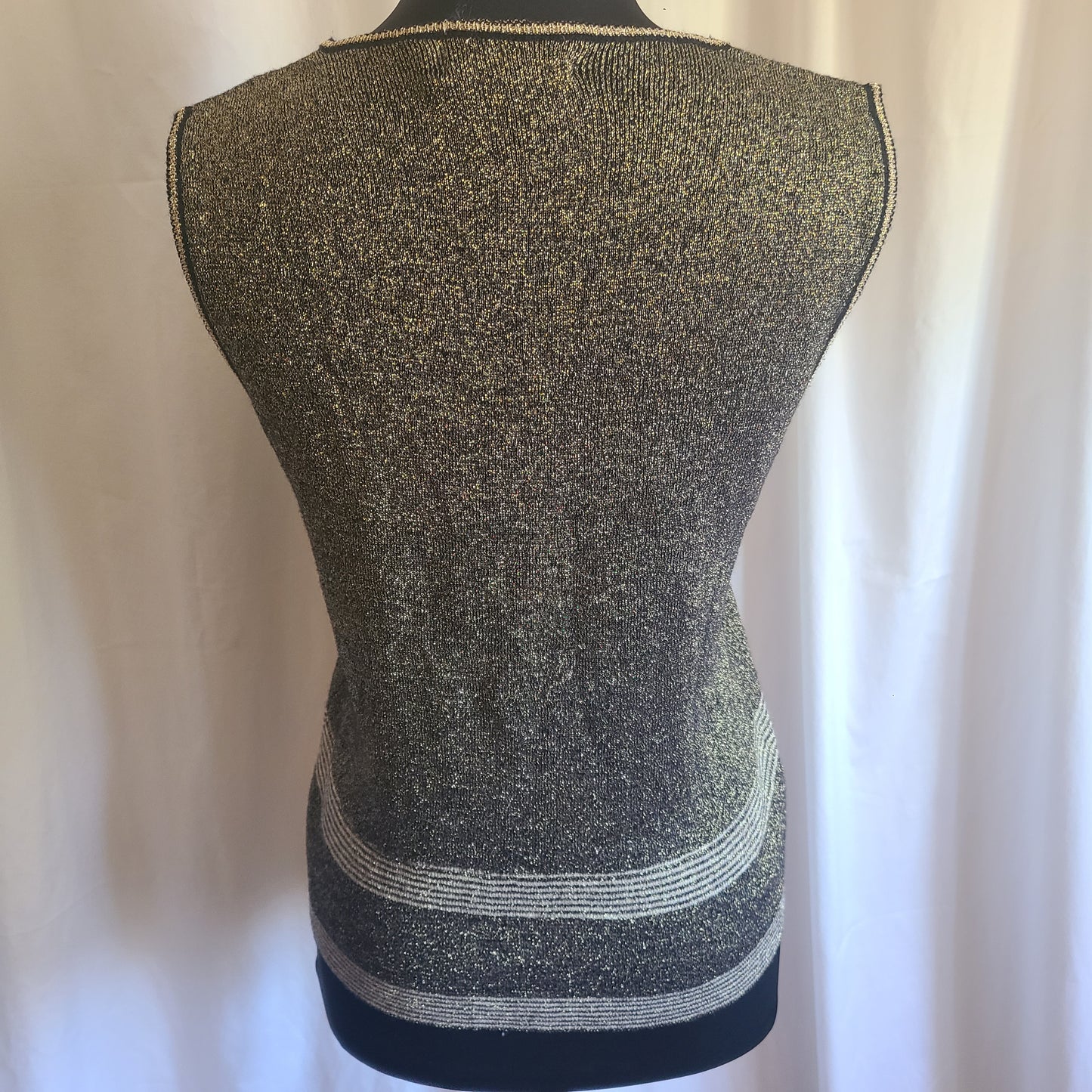 Vintage LeRoy Knitwear Gold Black Lurex V-Neck Sweater Vest Size Small