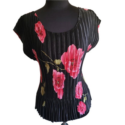 Graphic Flower Print Mini Pleat Cap Sleeve Blouse Size Medium
