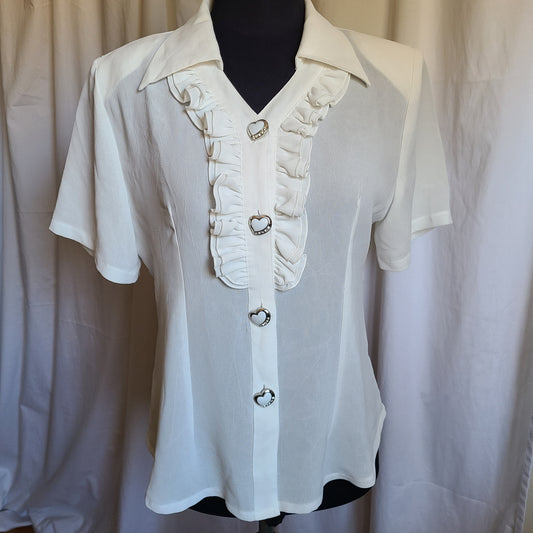 Vintage Collared Ruffle Front Short Sleeve Viscose Blouse Size Medium