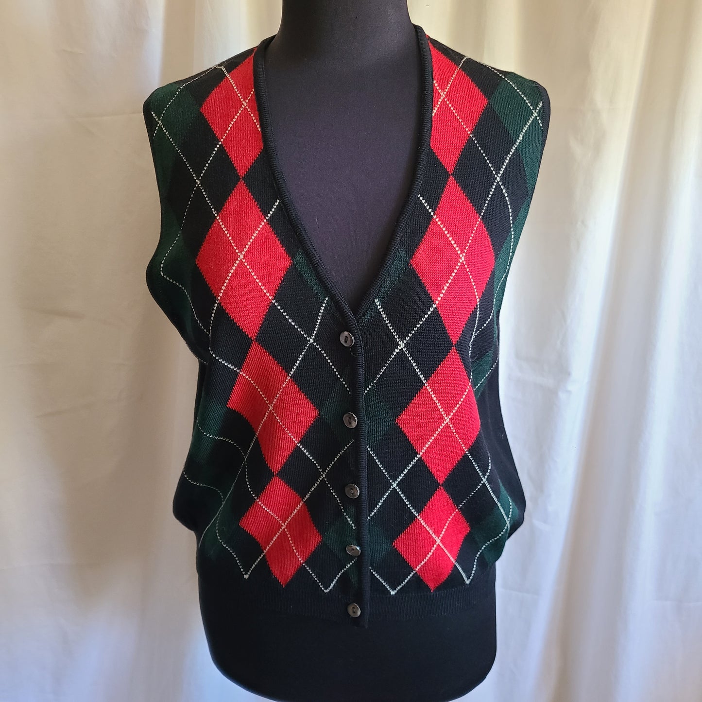 Vintage Talbots Black Red Green Argyle Vest - Size Small