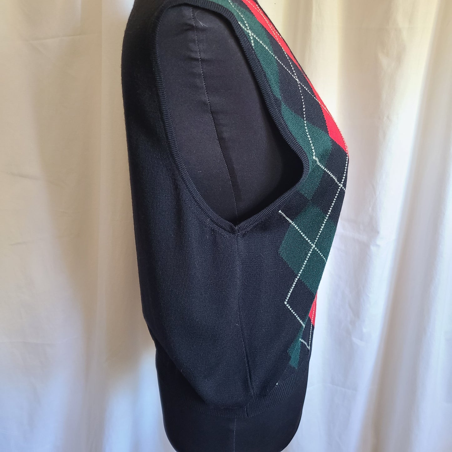 Vintage Talbots Black Red Green Argyle Vest - Size Small