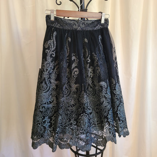 Chi Chi London Brand Lace and Tulle Skirt Black And Metallic Silver | Size 6