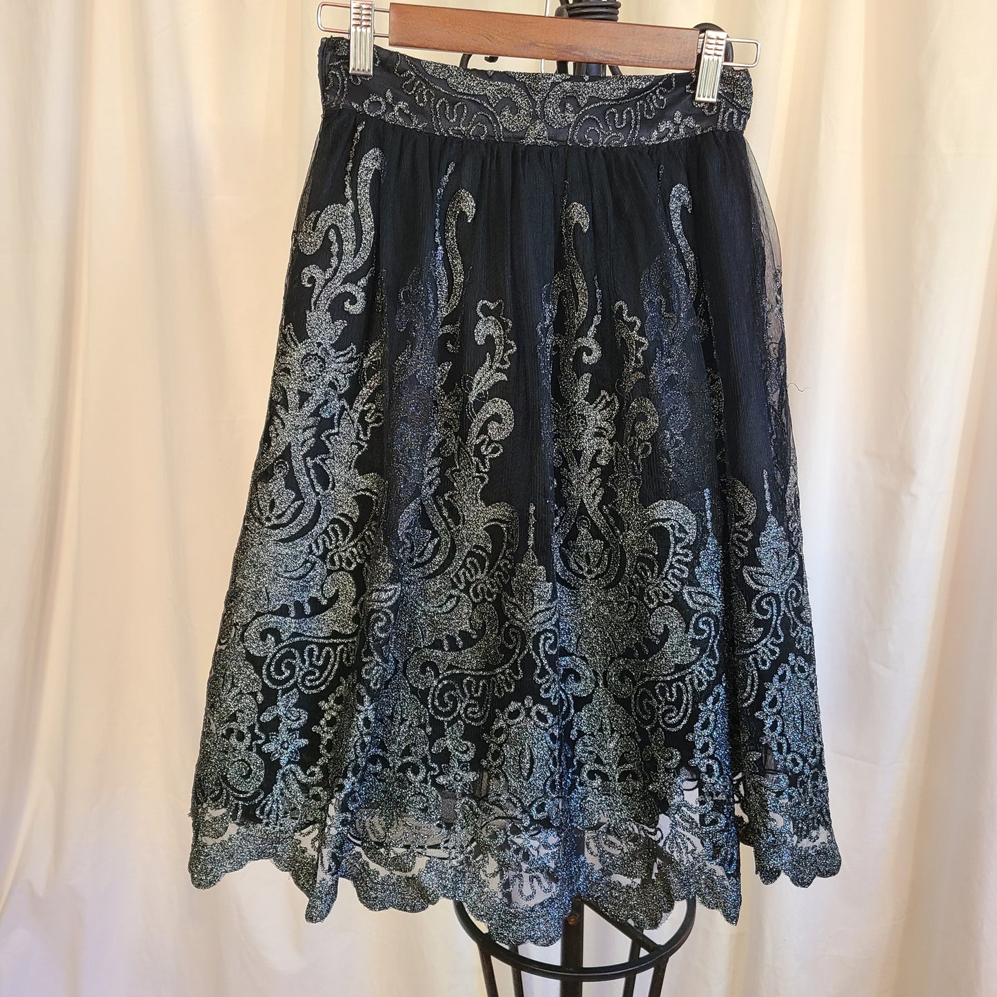 Chi Chi London Brand Lace and Tulle Skirt Black And Metallic Silver | Size 6