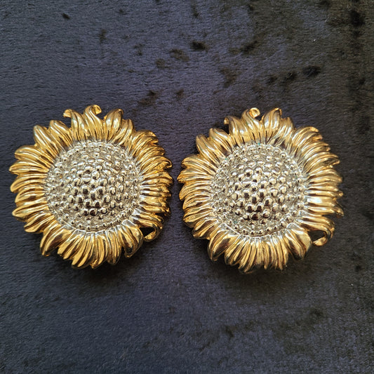 Vintage Gold and Silver Tone Sunflower Clip On Earrings