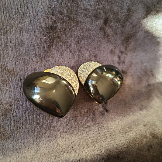 Vintage AFJ Brand Black Enamel and Crystal Heart Clip On Earrings