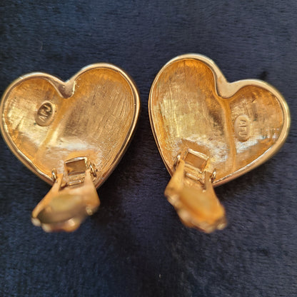 Vintage AFJ Brand Black Enamel and Crystal Heart Clip On Earrings