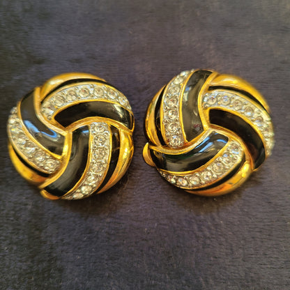 Vintage Essex Brand Black Gold Crystal Swirl Clip On Earrings