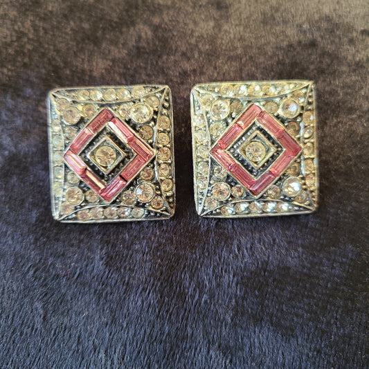 Vintage D.a.g. Brand Pink and White Square Clip On Earrings