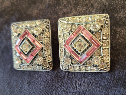 Vintage D.a.g. Brand Pink and White Square Clip On Earrings