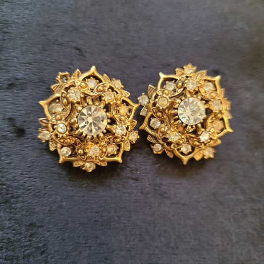 Vintage Fiorenza Brand Gold and Crystal Clip On Earrings