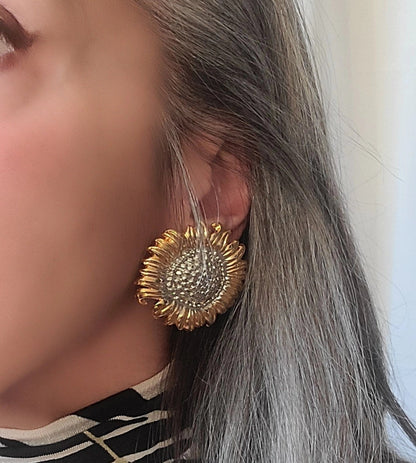 Vintage Gold and Silver Tone Sunflower Clip On Earrings