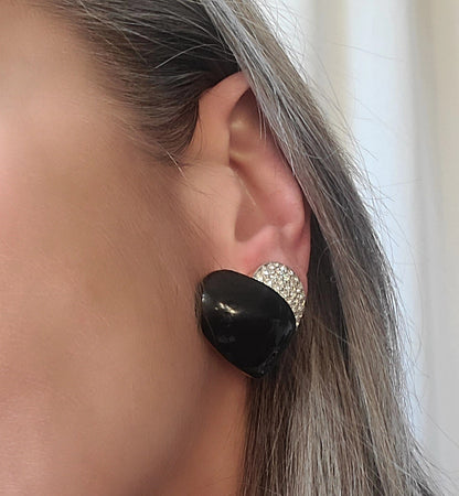 Vintage AFJ Brand Black Enamel and Crystal Heart Clip On Earrings