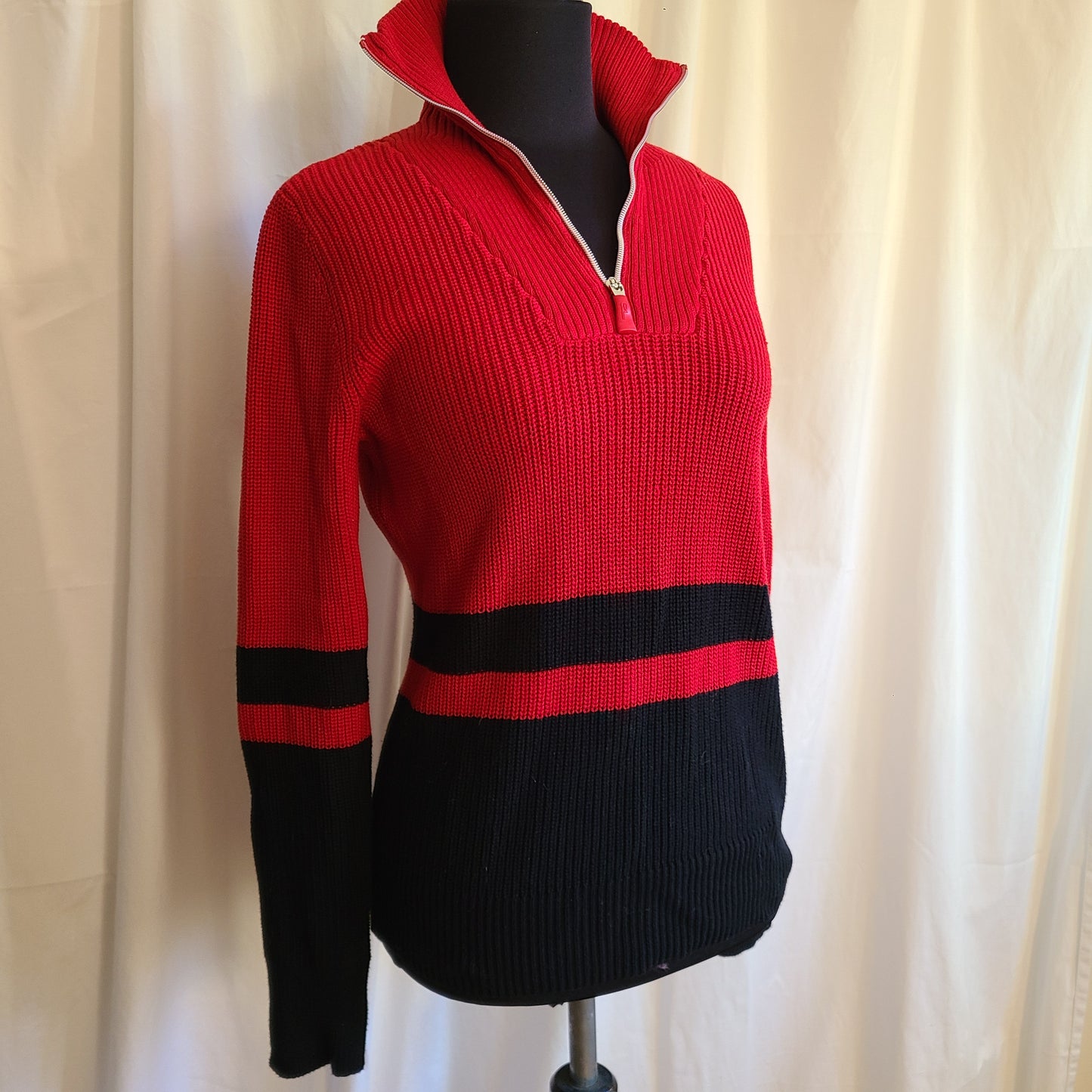 L-RL Lauren Active Brand Red and Black Stripe Half Zip Sweater | Size XS