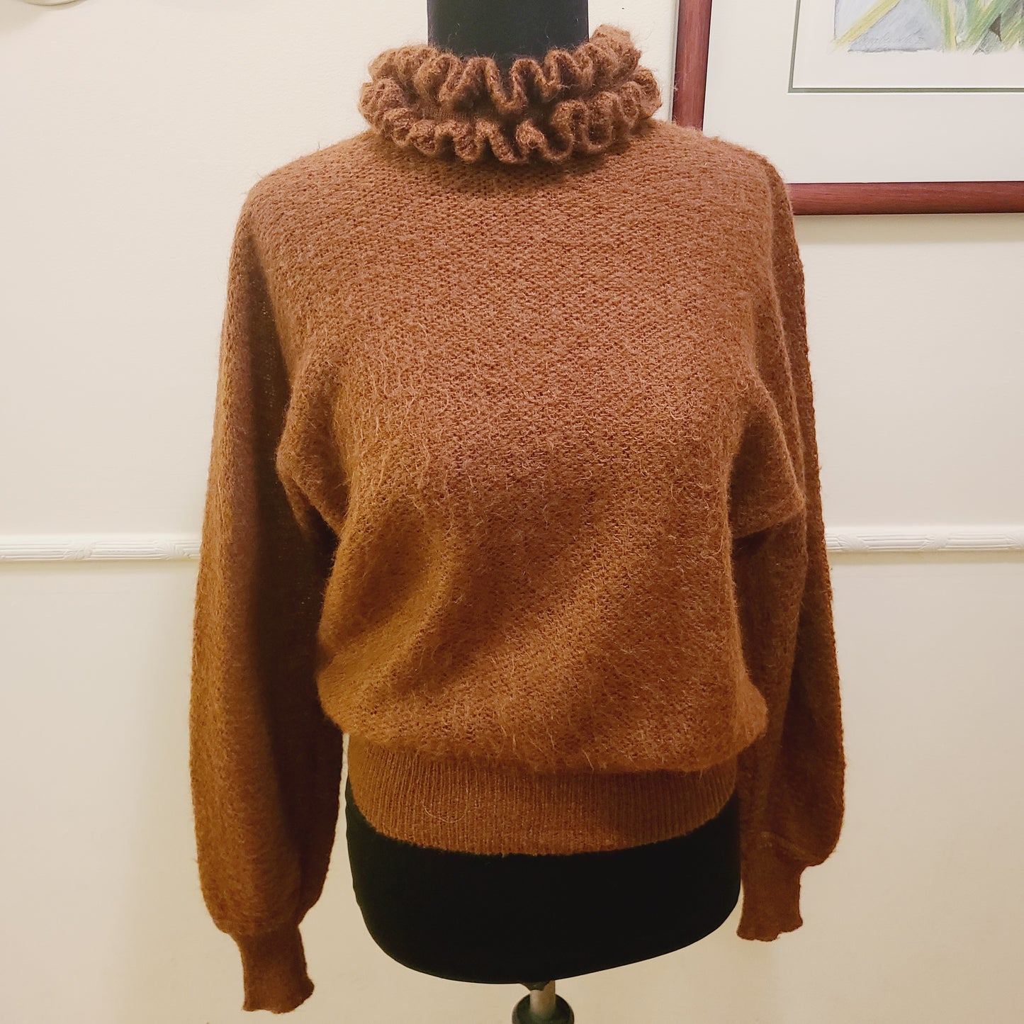 Vintage Ruffle Neck Dark Rust Sweater | Size Small