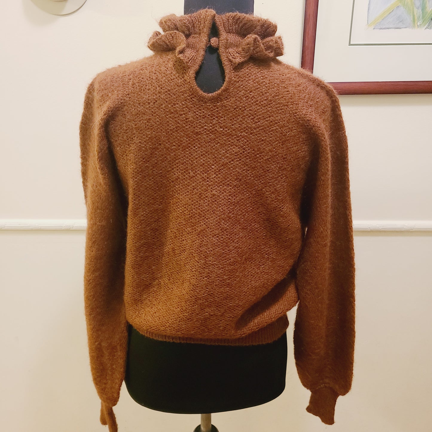 Vintage Ruffle Neck Dark Rust Sweater | Size Small