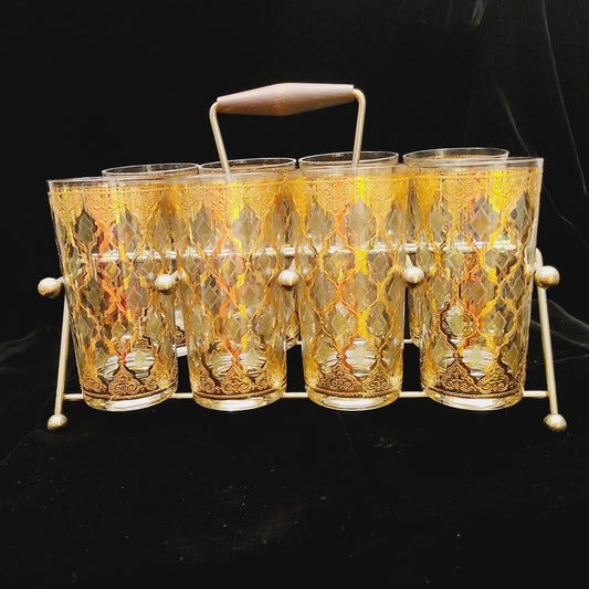 Mid Century Modern Culver Valencia Pattern Tumblers | Set of 8 in Caddy