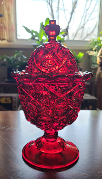 S M Glass Ruby Red Thumbprint Pedestal Lidded Candy Dish