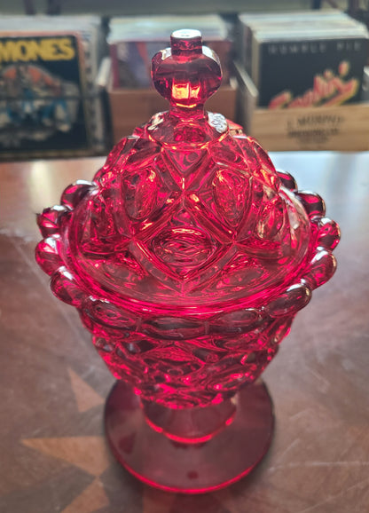 S M Glass Ruby Red Thumbprint Pedestal Lidded Candy Dish