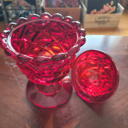 S M Glass Ruby Red Thumbprint Pedestal Lidded Candy Dish