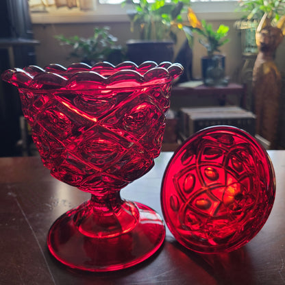 S M Glass Ruby Red Thumbprint Pedestal Lidded Candy Dish