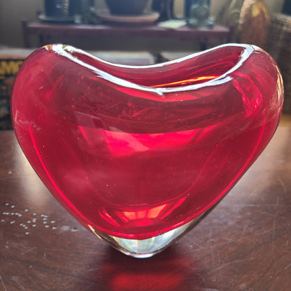 Murano Style Red Blown Glass Heart Vase