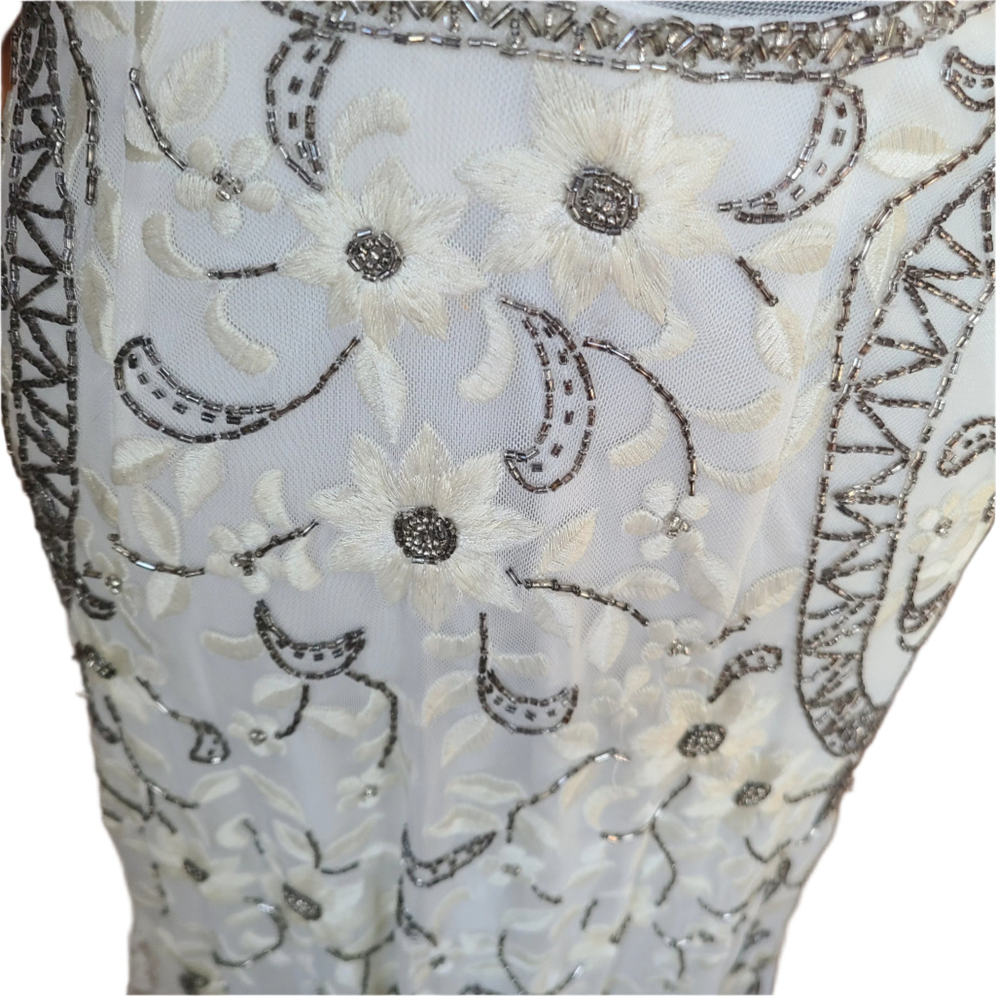 Close-up of embroidered lace fabric with floral patterns.