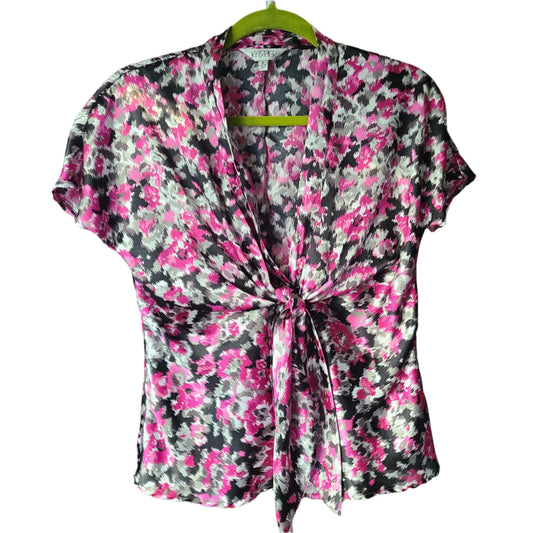 Floral  Y2K tie front blouse with pink and black pattern in silky fabric