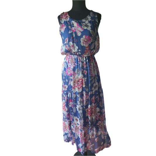 Lara G 100% Silk Blue Denim Floral Maxi Dress | Size S