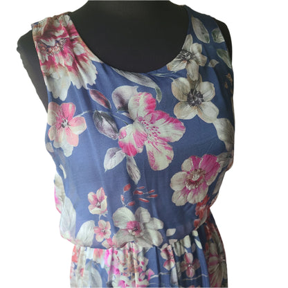 Lara G 100% Silk Blue Denim Floral Maxi Dress | Size S