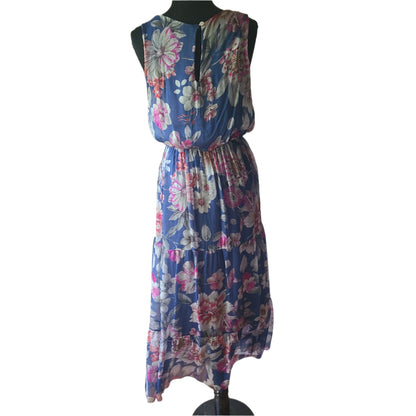 Lara G 100% Silk Blue Denim Floral Maxi Dress | Size S