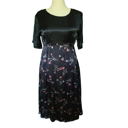 Black Satin Rayon 80s Tie Back Midi Dress | Size M