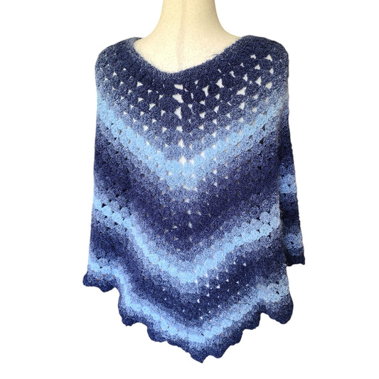 Vintage Hand Crocheted Blue Ombre Poncho | One Size