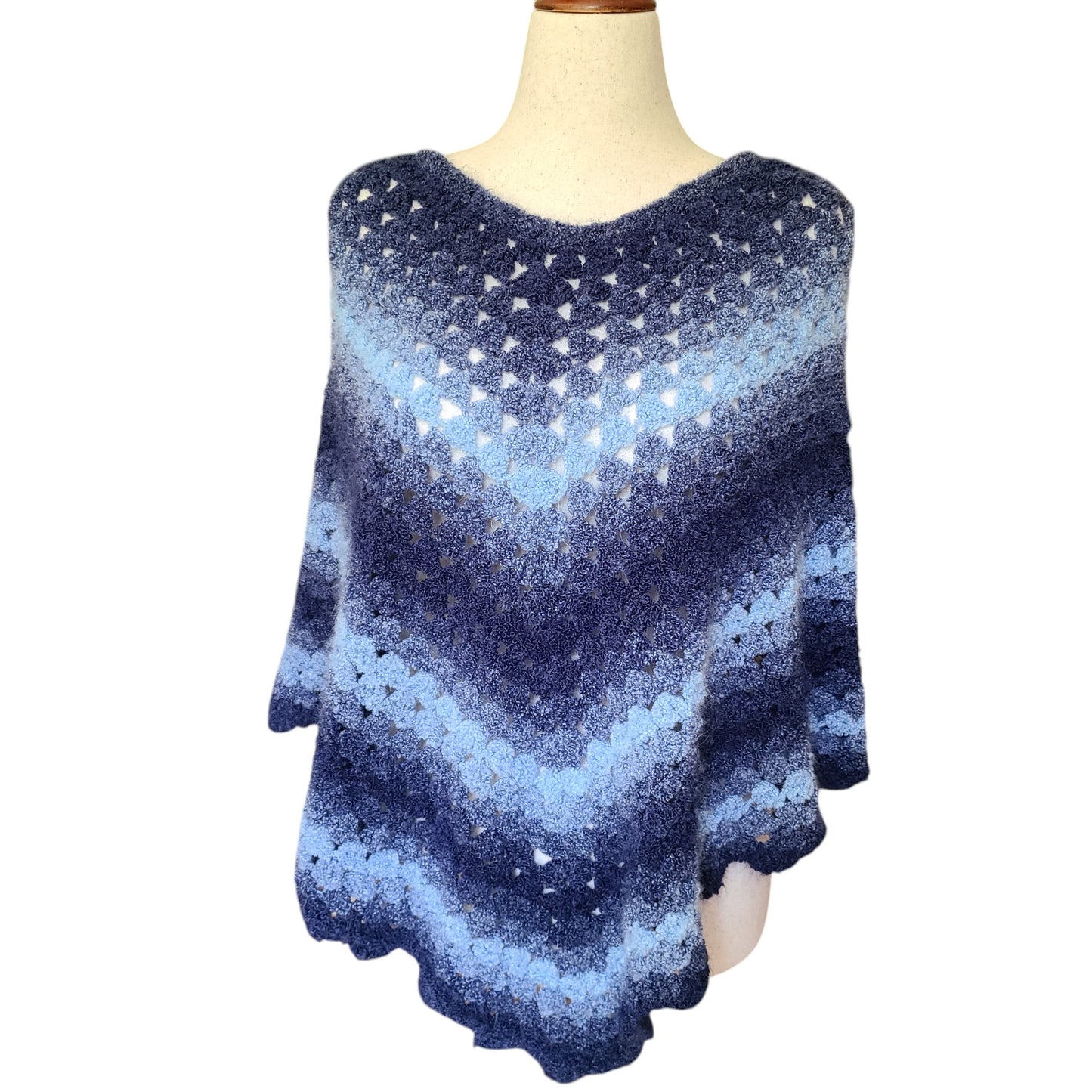 Vintage Hand Crocheted Blue Ombre Poncho | One Size