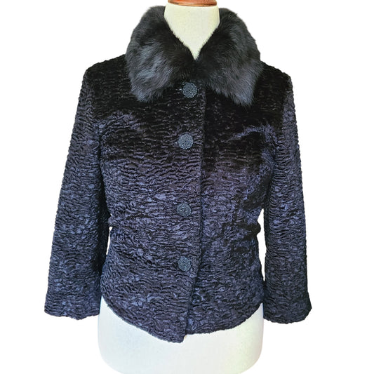 Itzu 00's Black Astrakhan Fur Collar Cropped Jacket | Size 6