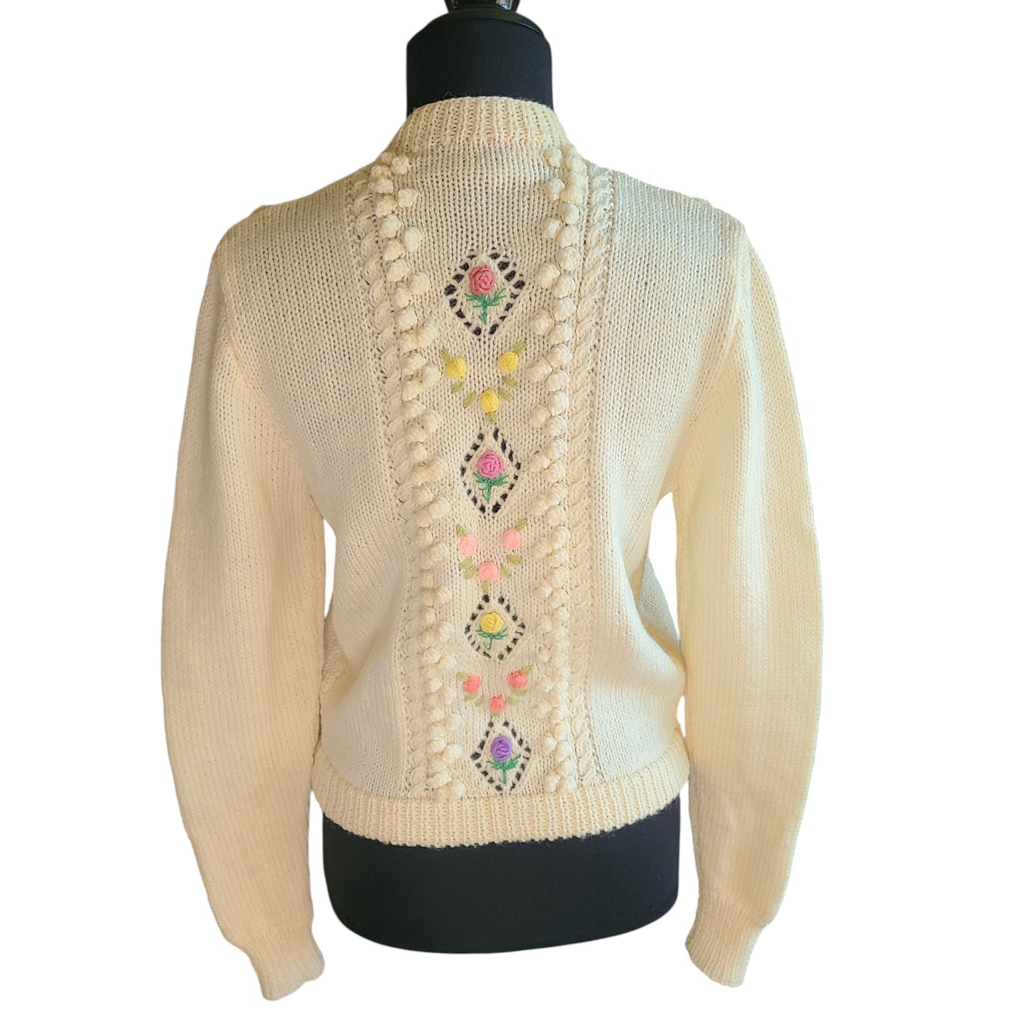 Hand Knitted 1940s Ivory Embroidered Cardigan | Size Small