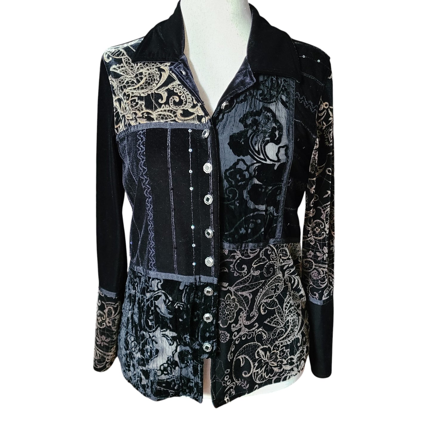 Harve Benard Black Velvet Embellished Burnout Top | Size Medium