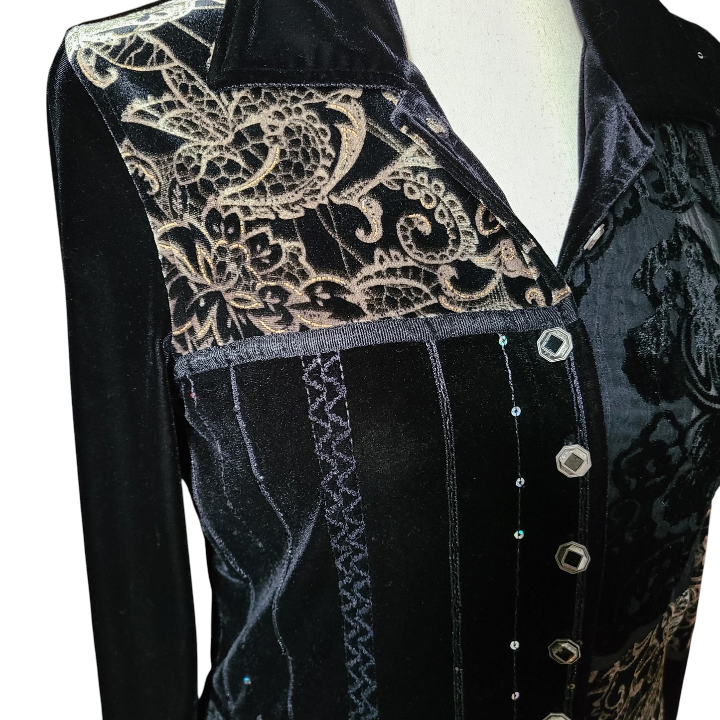 Harve Benard Black Velvet Embellished Burnout Top | Size Medium