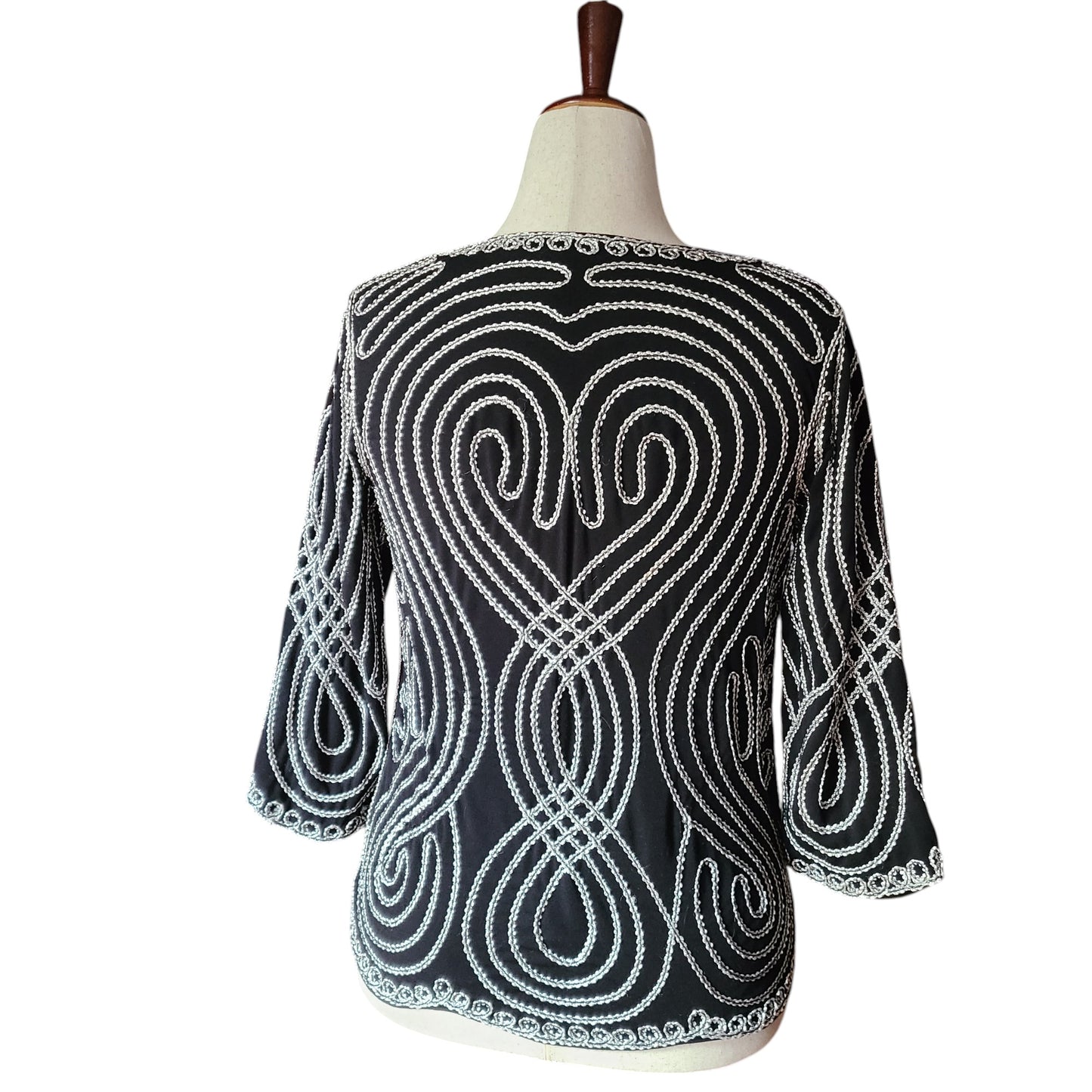 Handmade 70s Black Heart Embellished Swirl Sparkle Top | Size Medium
